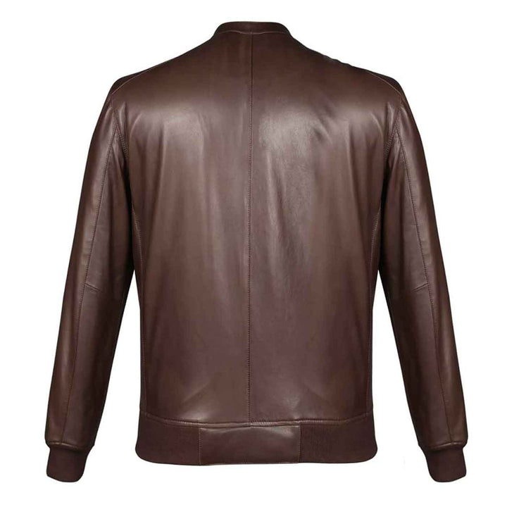 Back view of a brown leather bomber jacket showing the ribbed hem and cuffs.