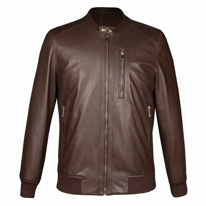 Brown leather bomber jacket shown on a plain background, front view.