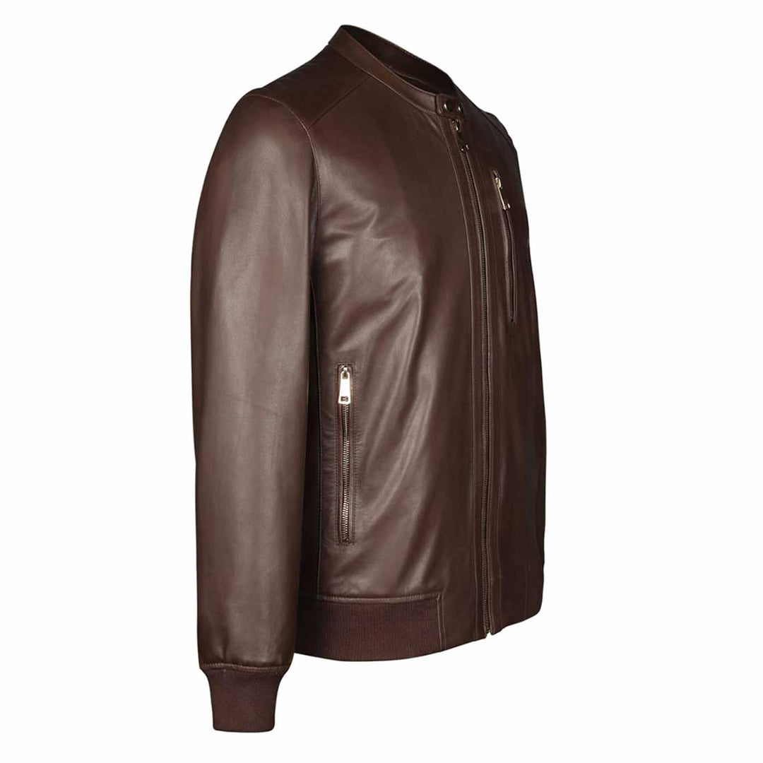 Side view of a brown leather bomber jacket showing the zip pocket detail.