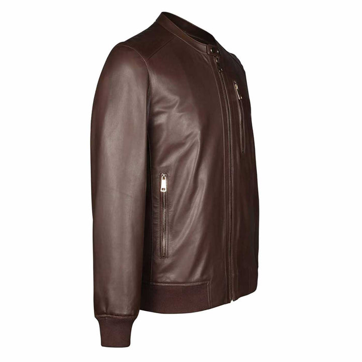 Side view of a brown leather bomber jacket showing the zip pocket detail.