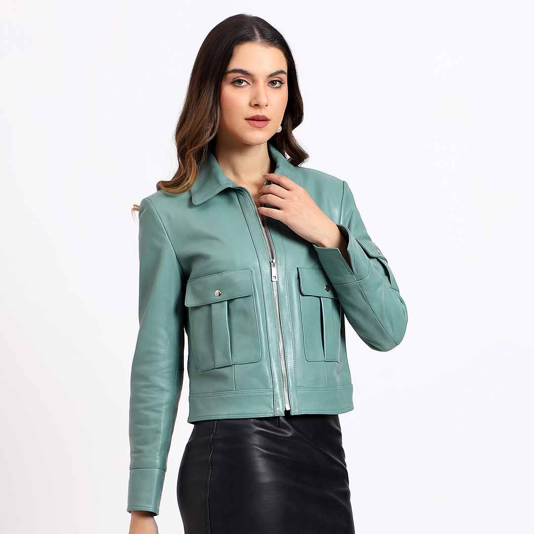 Sage green leather jacket for women UK, front view with twin flap pockets