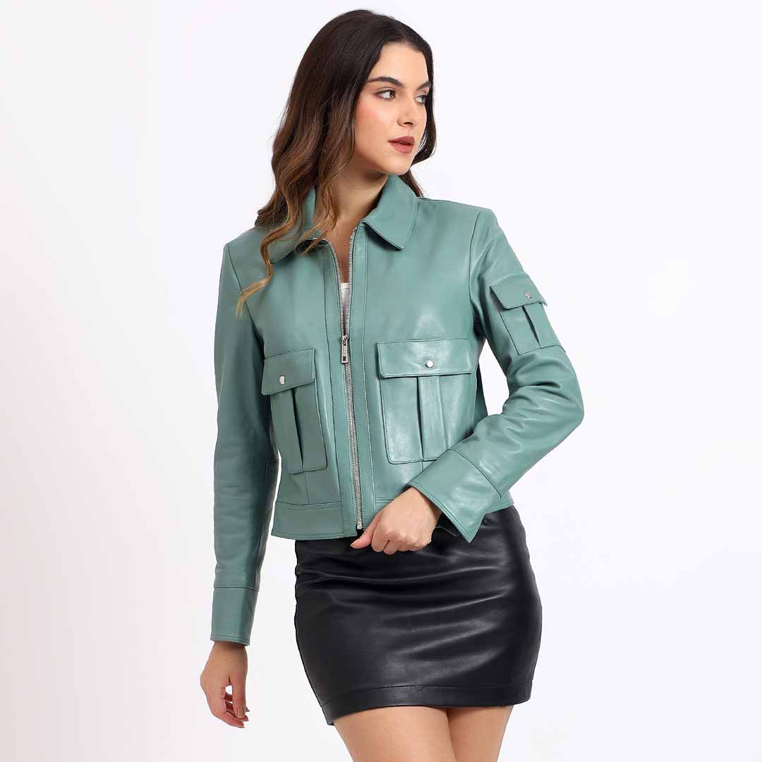 Saint Amory sage green leather jacket UK, side view showing flap pocket detail