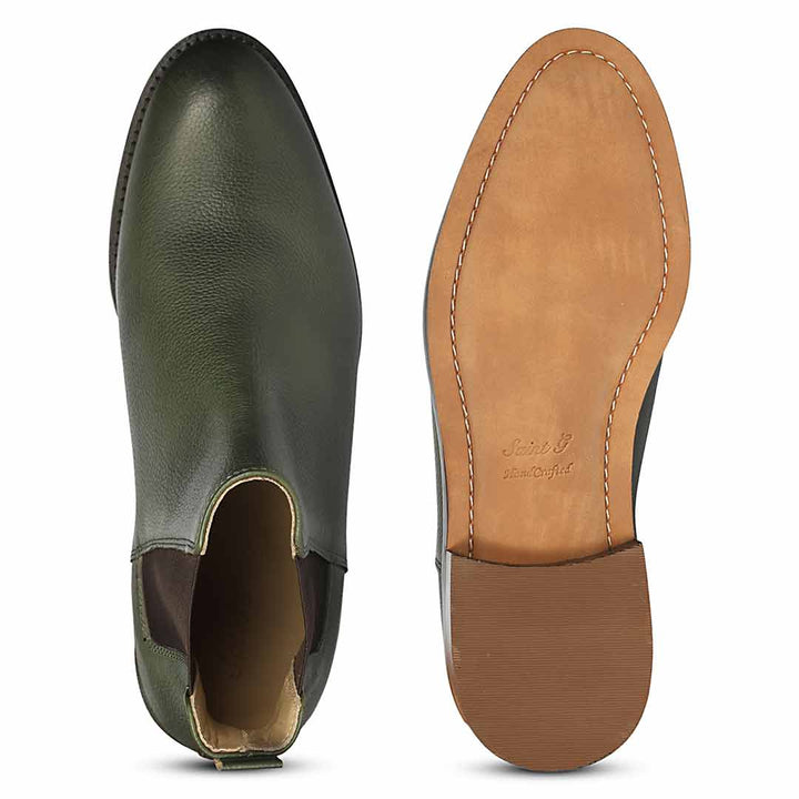 Saint Andrés premium mens chelsea boots green leather – upper and sole detail