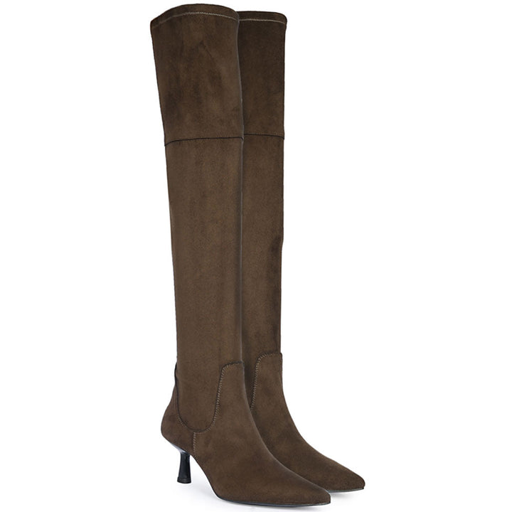 Olive stretch suede thigh high boots for women UK, alternate side view