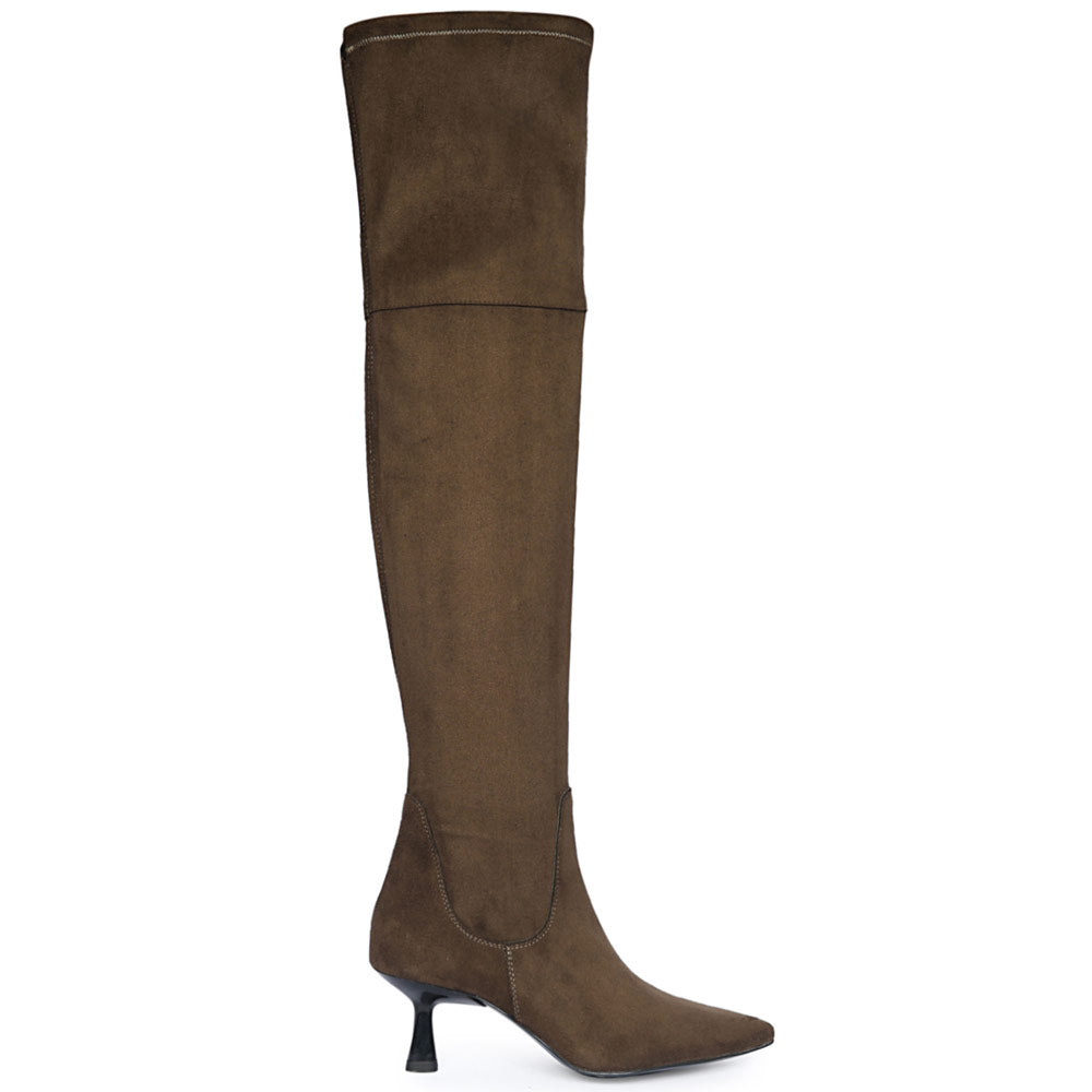 Saint Annelise olive stretch suede thigh high boots for women UK, side view