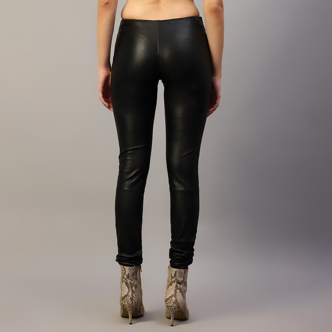 Black stretch leather pants for women UK, back view