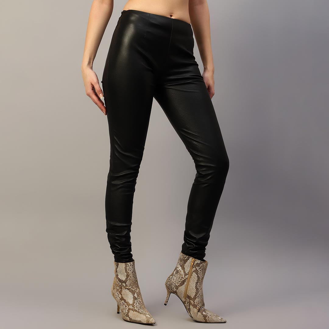 Saint Antea black stretch leather pants for women UK, side view