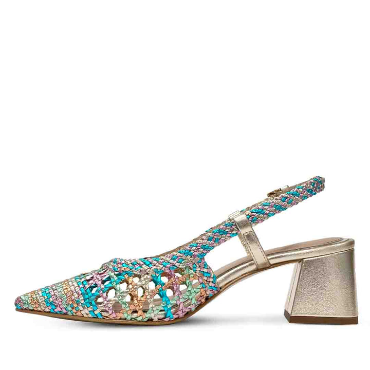 Low block heels for women turquoise gold block heel – angle view
