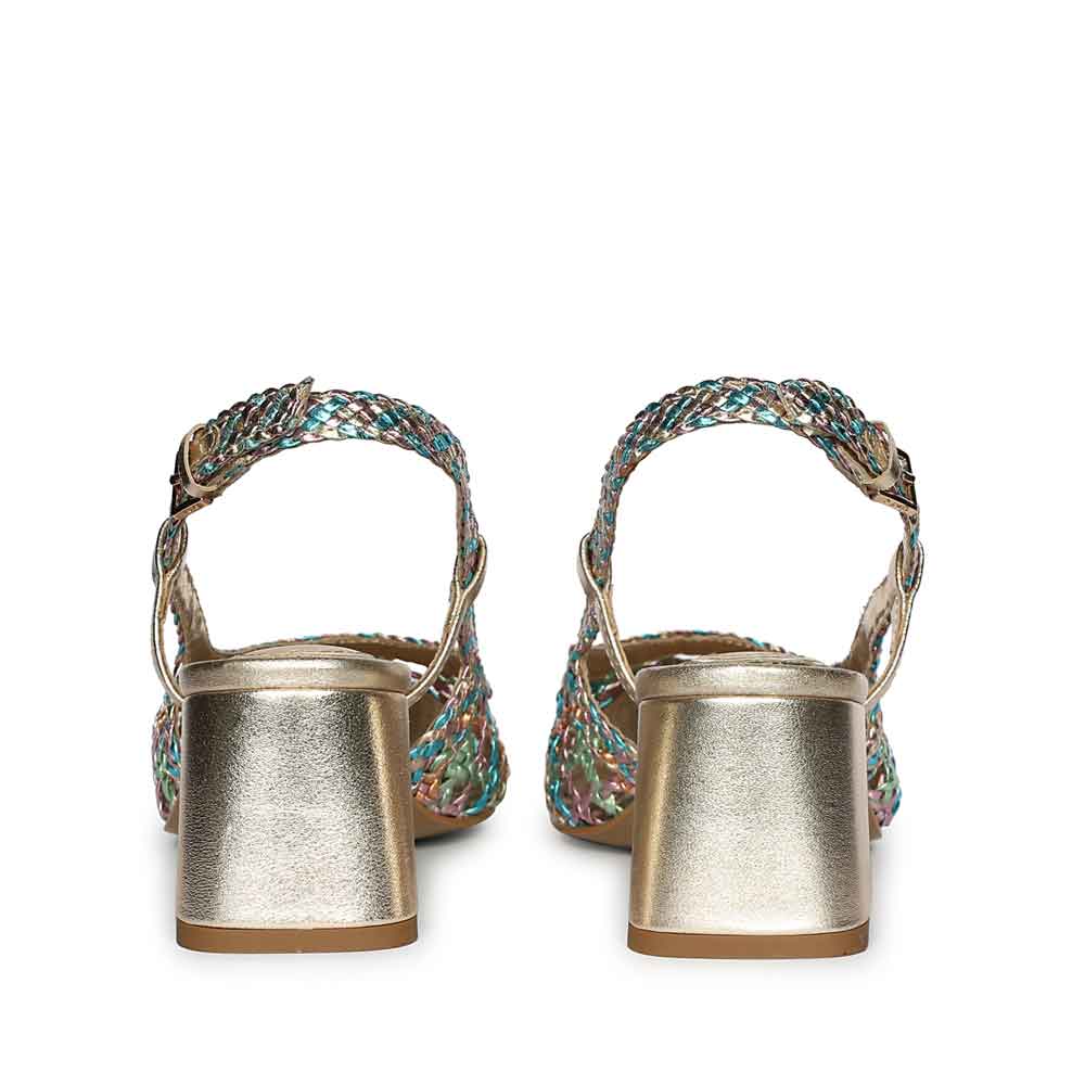 Turquoise low block heels woven leather slingback – back view