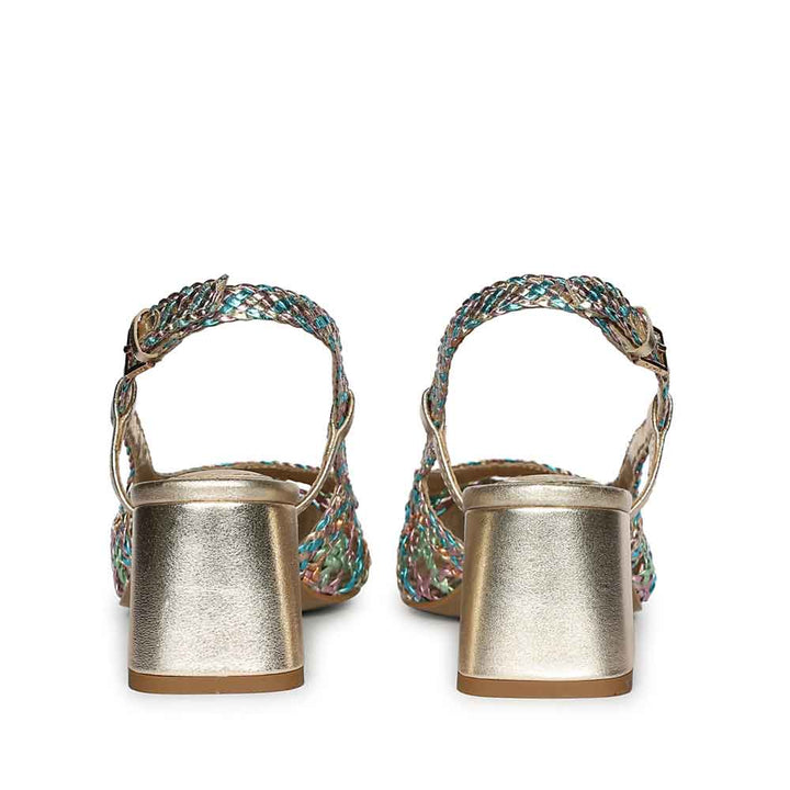 Turquoise low block heels woven leather slingback – back view