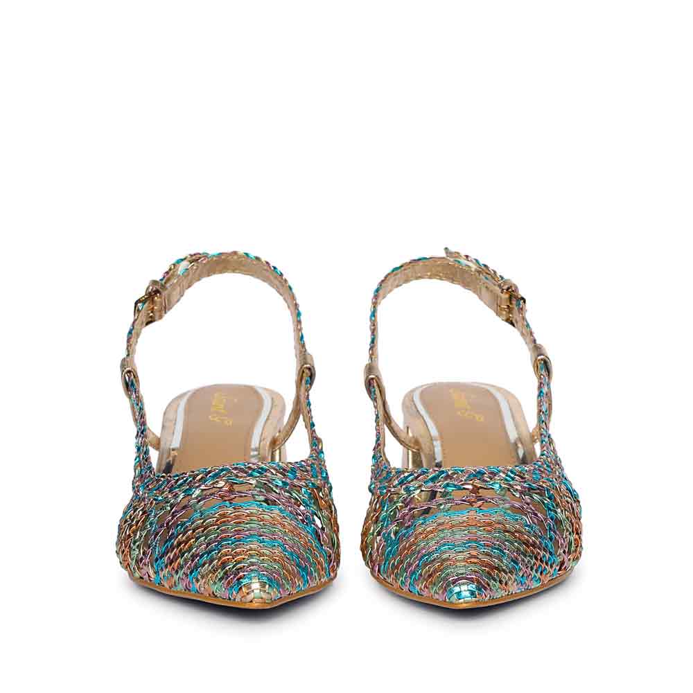 Turquoise low block heel sandals crossed ankle strap – front view
