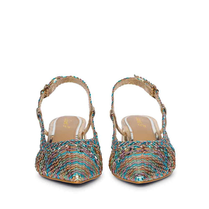Turquoise low block heel sandals crossed ankle strap – front view