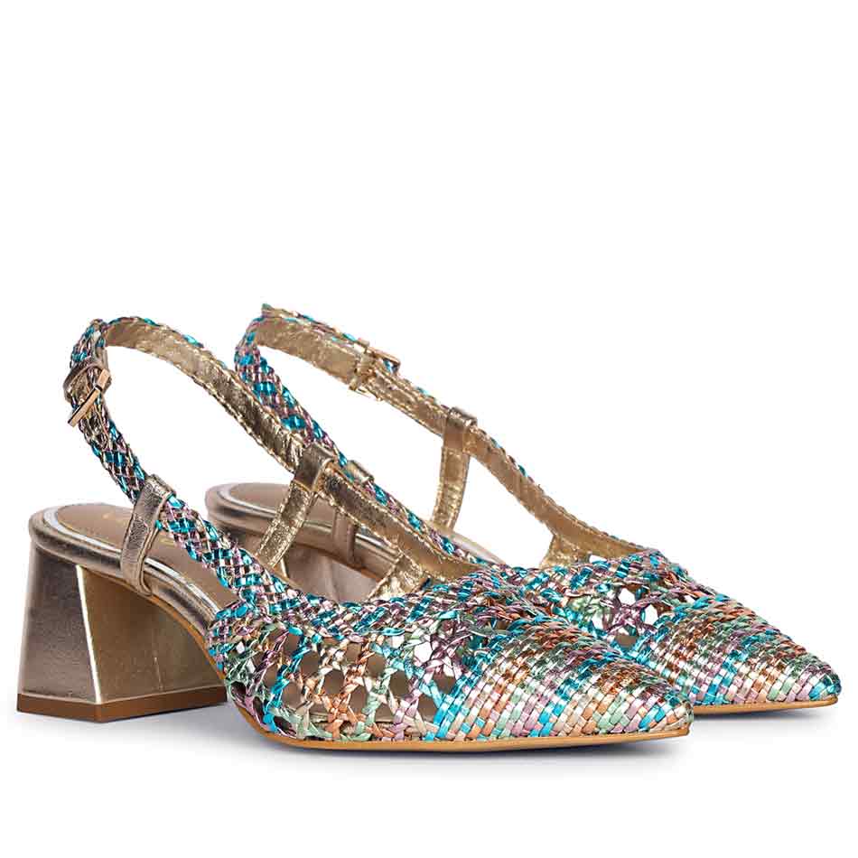 Turquoise low block heels woven leather sole detail – pair view