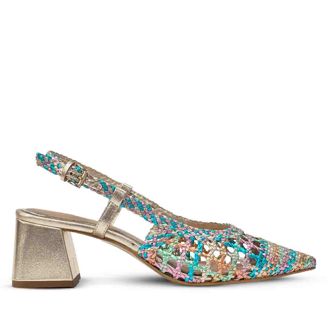 Turquoise low block heels for women woven pointed toe – side view