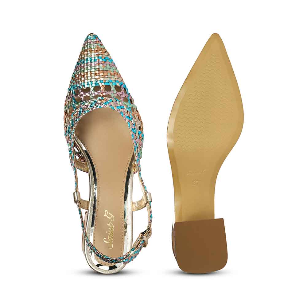 Low block heel shoes turquoise woven pointed toe – top view