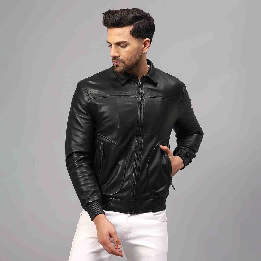 Men's black leather bomber jacket with shirt collar, zipped, front view.