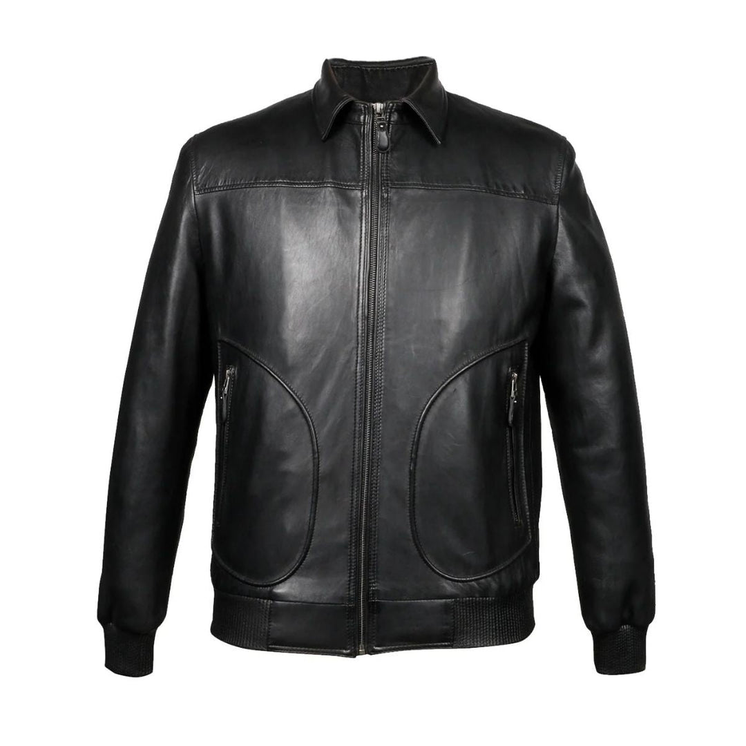 Black leather bomber jacket on a plain background, front view.