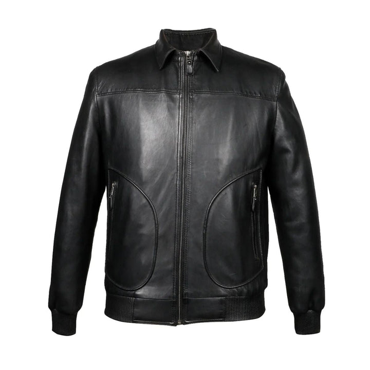 Black leather bomber jacket on a plain background, front view.