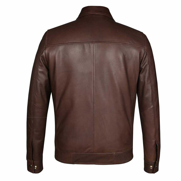 Back view of a brown leather bomber jacket showing the ribbed hem and cuffs.