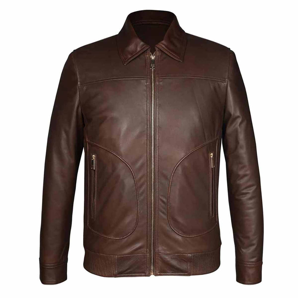 Chocolate brown leather bomber jacket on a plain background, front view.