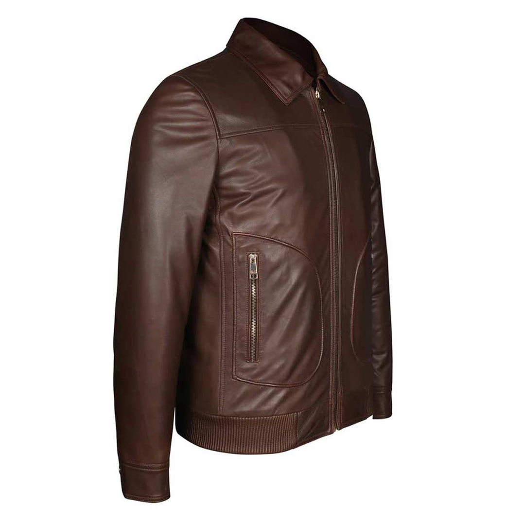 Side view of a brown leather bomber jacket showing the zip pocket detail.