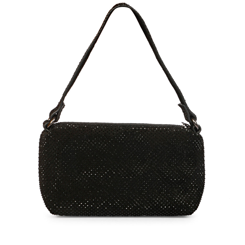 Women's black crystal embellished leather mini handbag by Saint Aria, three-quarter view.