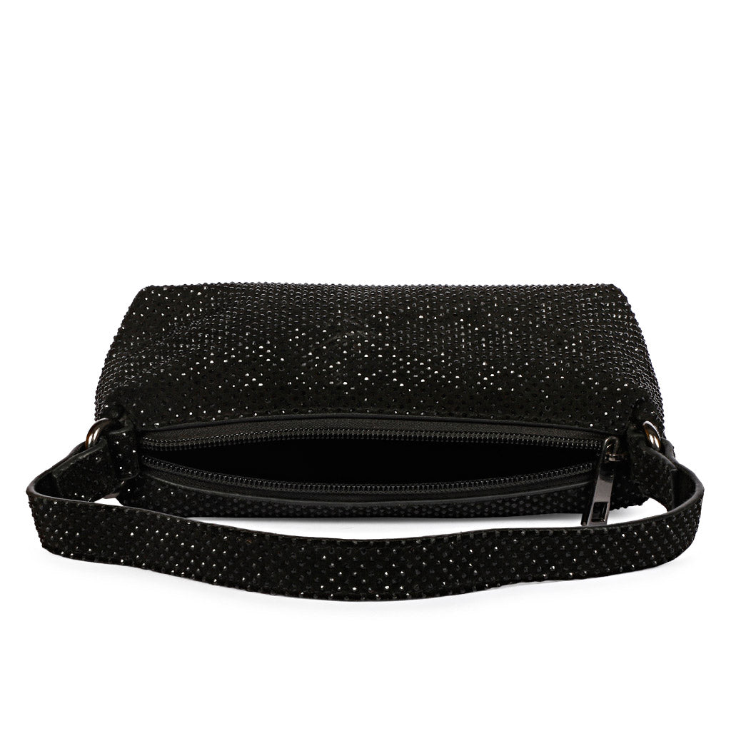 Saint Aria black crystal embellished leather mini handbag for women UK, open zip showing lining.