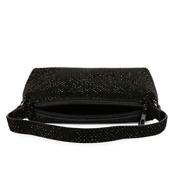 Saint Aria black crystal embellished leather mini handbag for women UK, open zip showing lining.