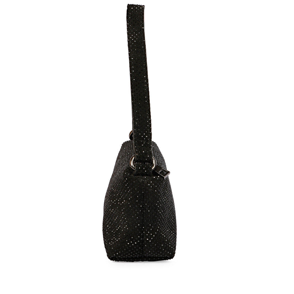 Saint Aria black crystal embellished leather mini handbag for women UK, side profile.