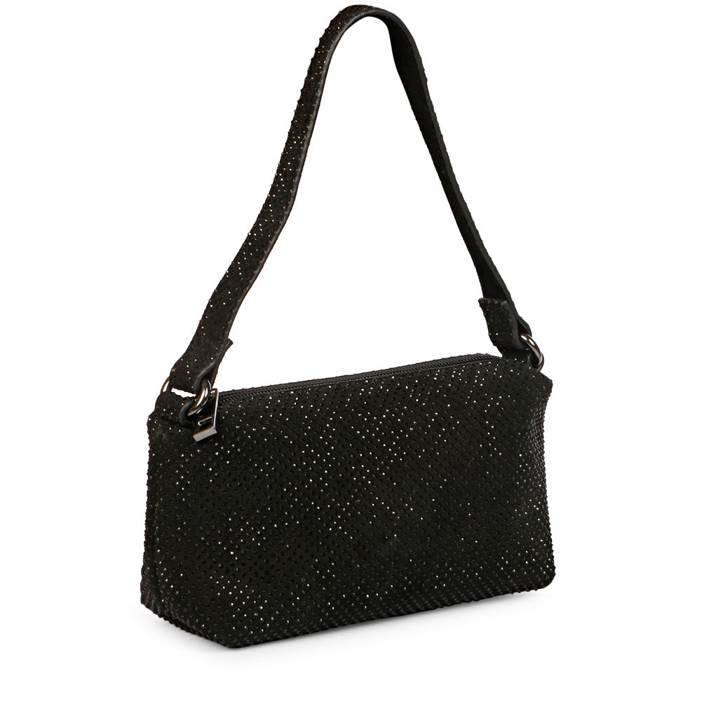 Saint Aria black crystal embellished leather mini handbag for women UK, side profile.
