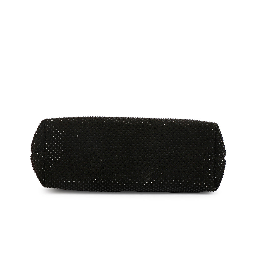 Women's black crystal embellished leather mini handbag by Saint Aria, top view with zip closed.