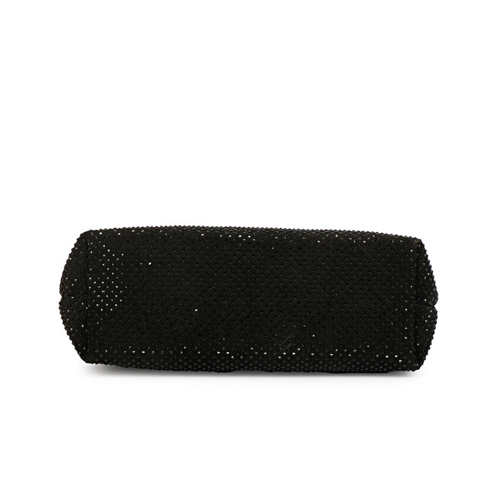 Women's black crystal embellished leather mini handbag by Saint Aria, top view with zip closed.