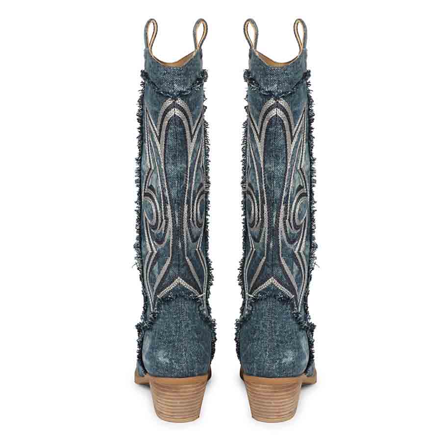 Saint Aria denim knee high boots, back pair view showing embroidered pattern