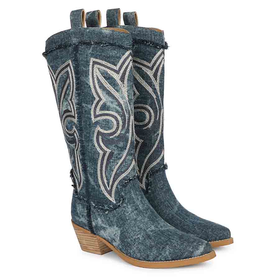 Knee high boots for women UK in embroidered denim, pair view
