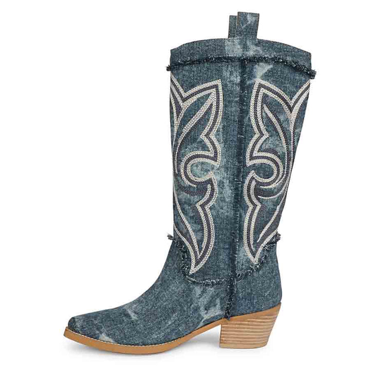 Saint Aria denim knee high boots, alternate side view of embroidery