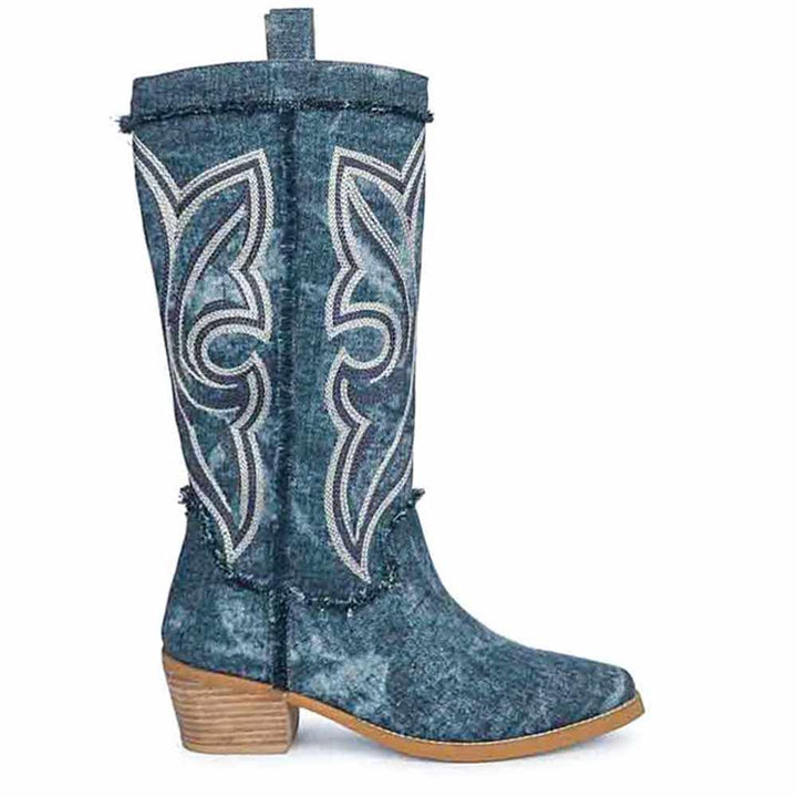 Saint Aria denim embroidered knee high cowboy boots for women, side view with fringed hem