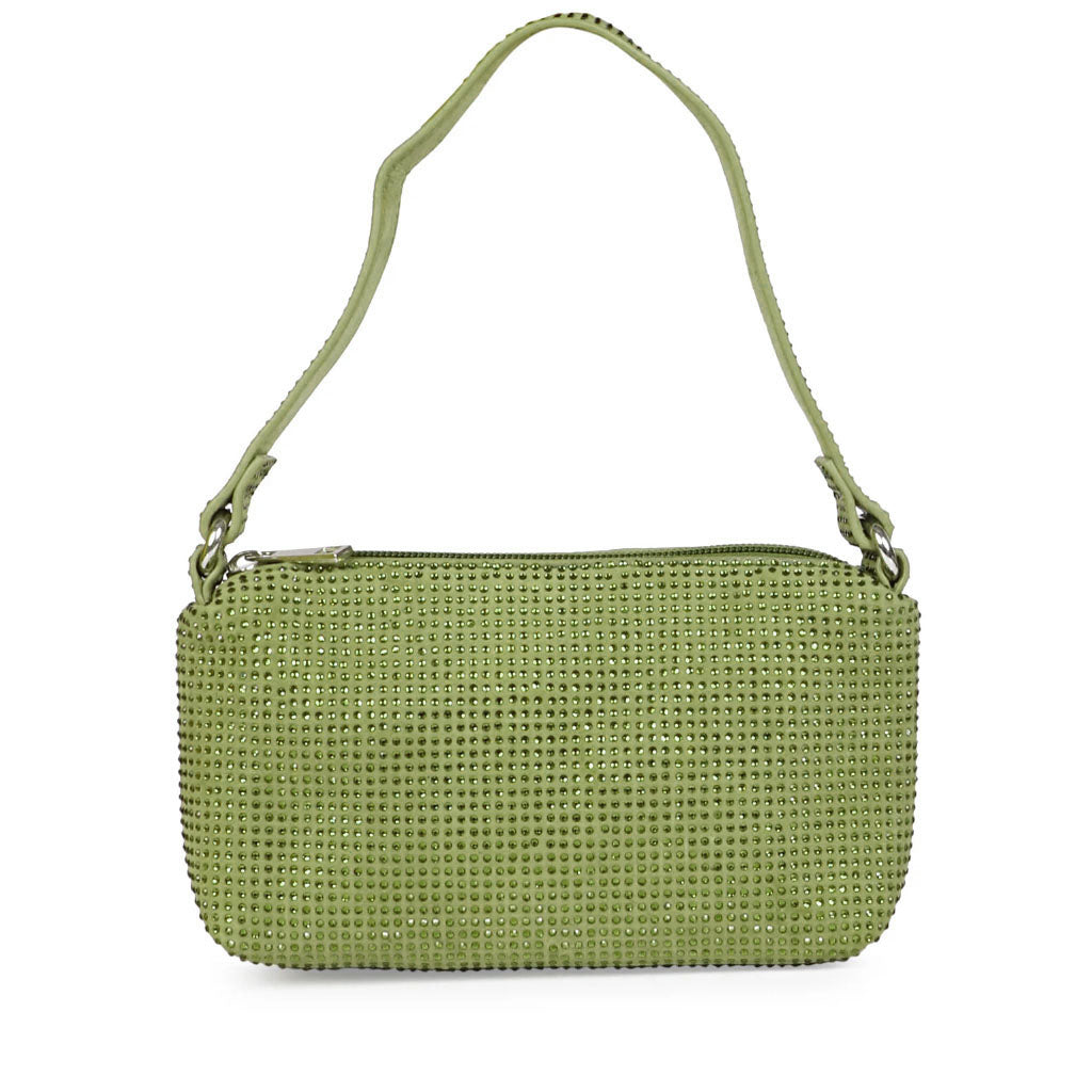 Saint Aria green crystal embellished leather mini handbag for women UK, front view with top handle.