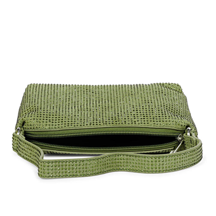 Women's green crystal embellished leather mini handbag by Saint Aria for uk women, open zip showing lining.