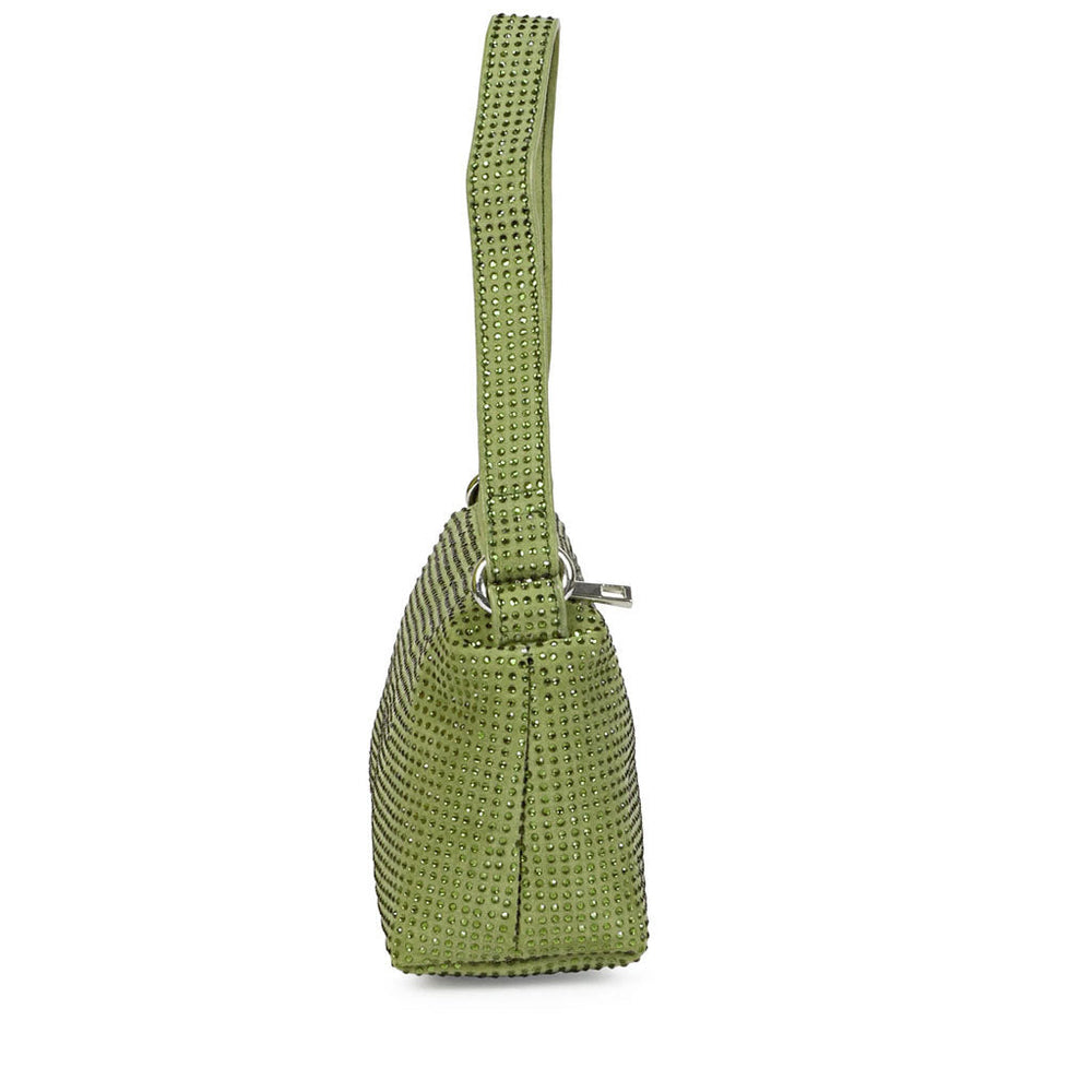 Women's green crystal embellished leather mini handbag by Saint Aria, side profile.