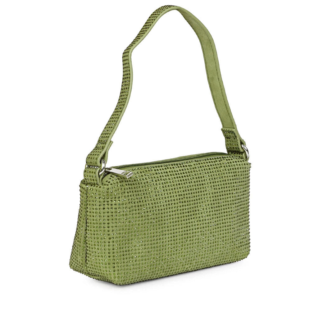 Saint Aria green crystal embellished leather mini handbag for women UK, three-quarter view.