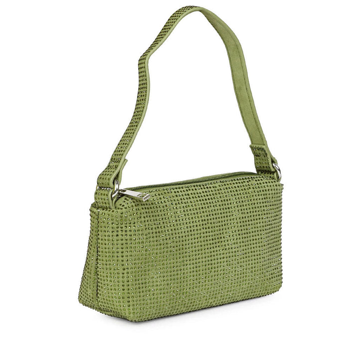 Saint Aria green crystal embellished leather mini handbag for women UK, three-quarter view.