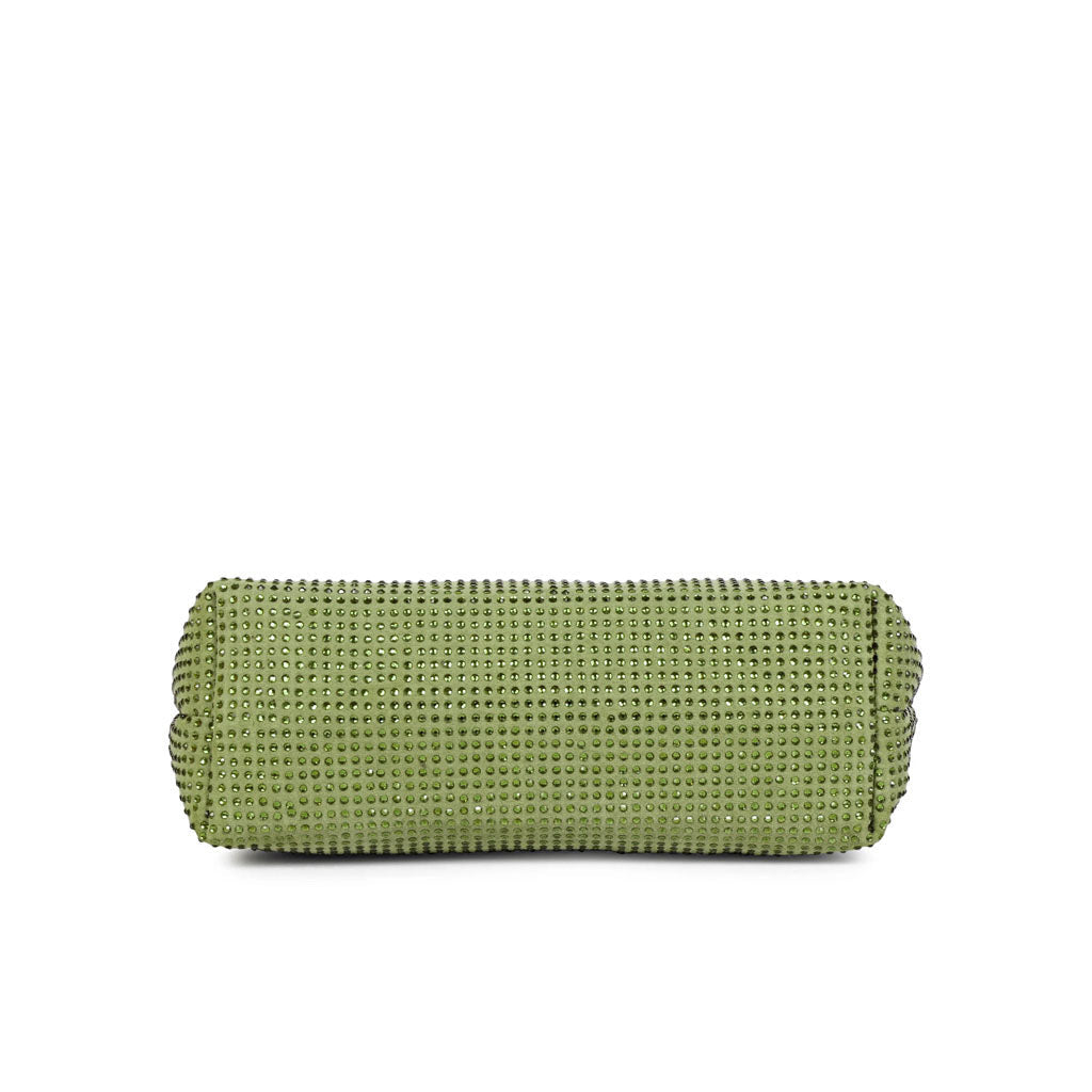Saint Aria green crystal embellished leather mini handbag for women UK, top view with zip closed.