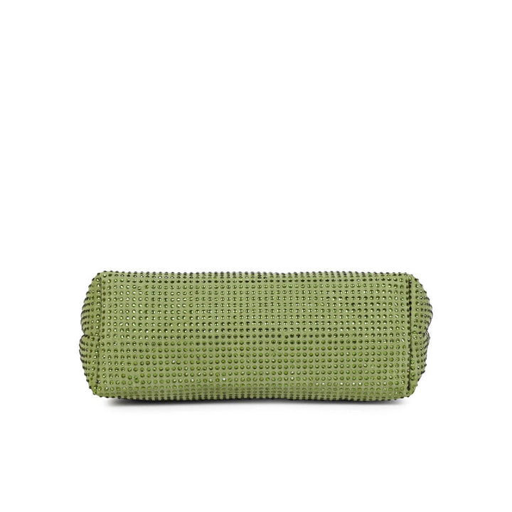 Saint Aria green crystal embellished leather mini handbag for women UK, top view with zip closed.