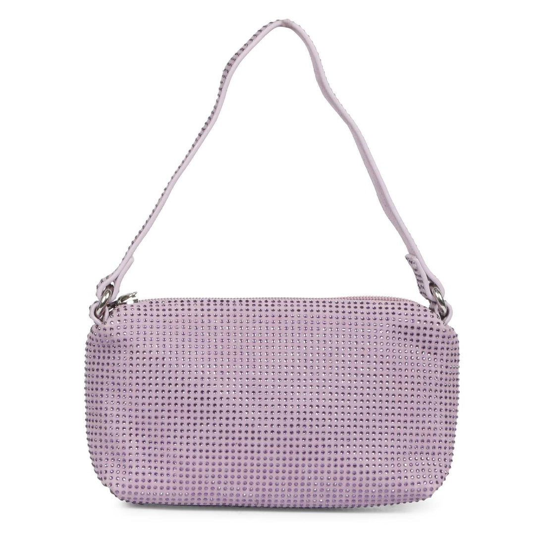 Women's lilac crystal embellished leather mini handbag by Saint Aria, straight-on view with top handle.