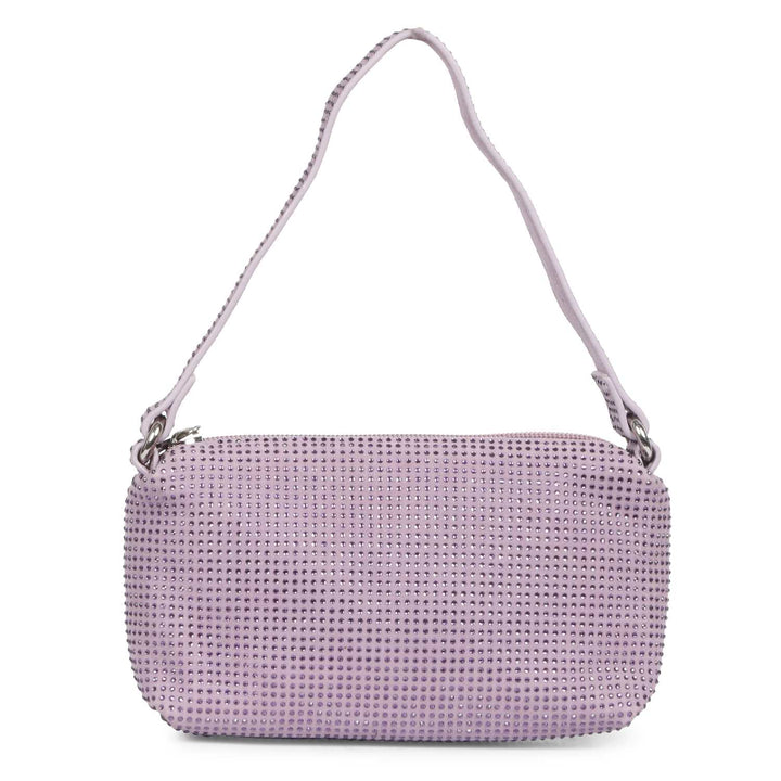 Women's lilac crystal embellished leather mini handbag by Saint Aria, straight-on view with top handle.