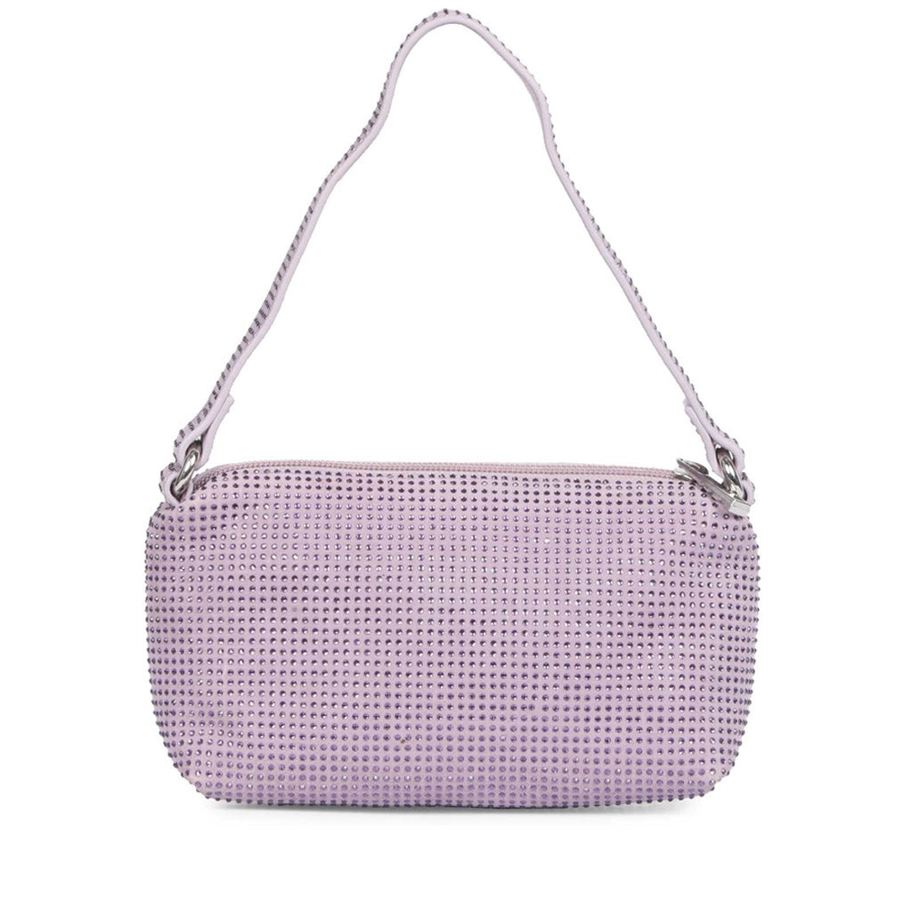 Saint Aria lilac crystal embellished leather mini handbag for women UK, front view with top handle.