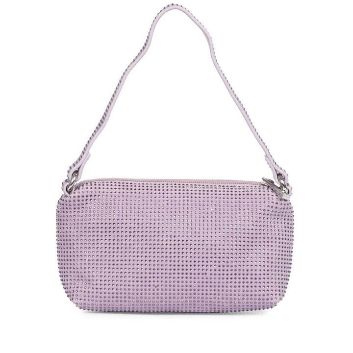 Saint Aria lilac crystal embellished leather mini handbag for women UK, front view with top handle.