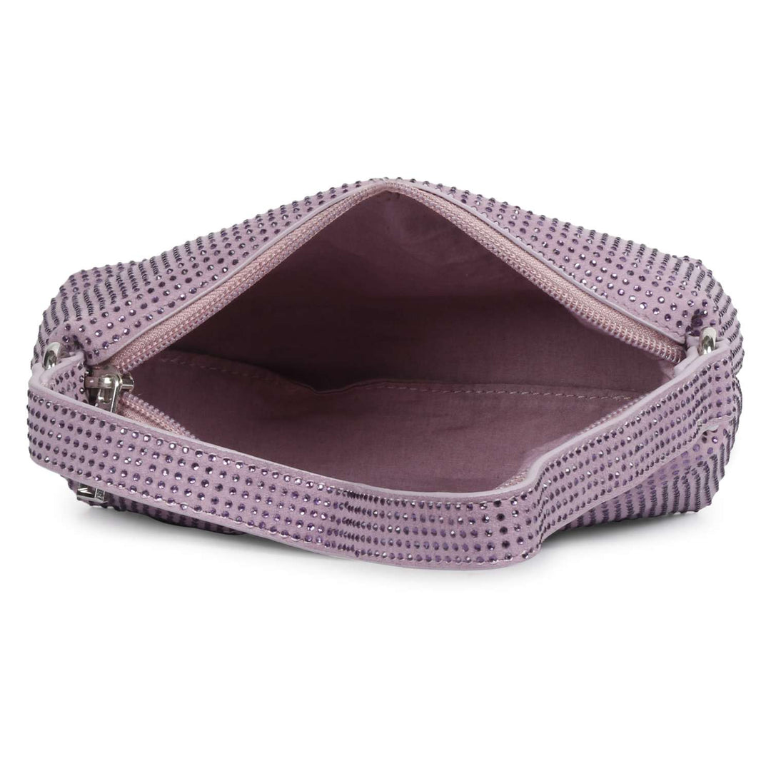 Women's lilac crystal embellished leather mini handbag by Saint Aria, open zip showing lining.
