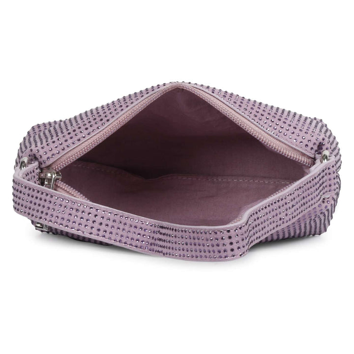 Women's lilac crystal embellished leather mini handbag by Saint Aria, open zip showing lining.