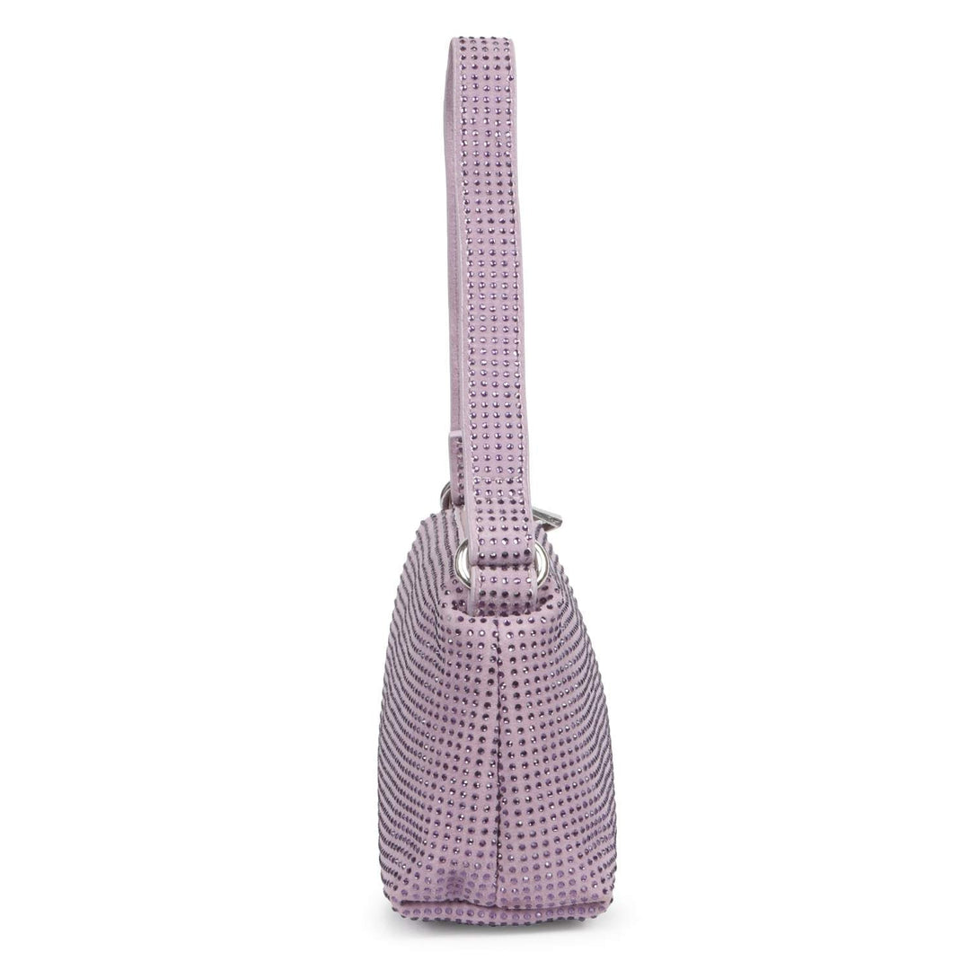 Saint Aria lilac crystal embellished leather mini handbag for women UK, side profile.